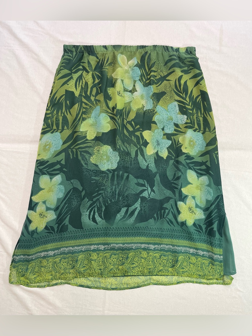 Vintage Y2K Green Floral Skirt 100% Silk Double Slit Hem